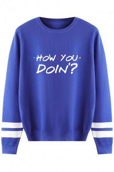 Casual HOW YOU DOIN Letter Stripe Long Sleeve Round Neck Pullover Sweater