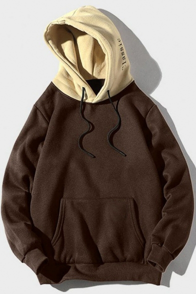 Cool Womens Hoodie Letter Classic Pattern Contrast-Hood Drawstring Kangaroo Pocket Loose Fit Long Sleeve Hoodie