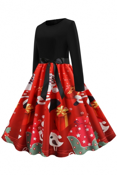 Creative Womens Dress Santa Claus Snowman Tree Snowflake Gift Pattern Bow Tie Waist Midi A-Line Slim Fitted Round Neck Long Sleeve Swing Dress