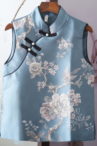 Fancy Women's Vest Embroidered Singe-Breasted Stand Collar Sleeveless Regular Fit Vest