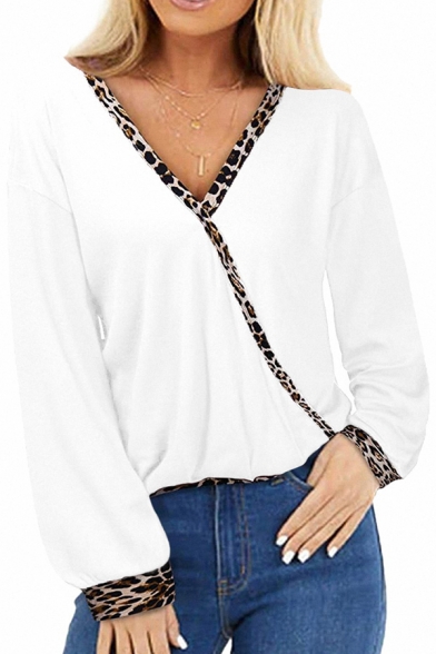 Fashion Women's T-Shirt Patchwork Leopard Print Long Bishop Sleeve V-Neck Regular Fit Tee Top