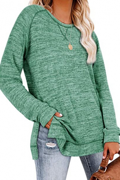 Leisure Women's T-Shirt Space Dye Pattern Side Slits Details Contrast Hem Round Neck Long Sleeves Tee Top