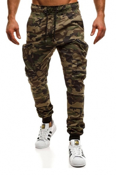Men's Hot Fashion Cool Camouflage Printed Knee Pleated Ripped Detail Flap Pocket Side Drawstring Waist Elastic Cuff Army Green Cargo Jeans