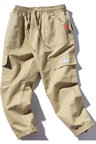 Mens Pants Trendy Flap Pockets Cotton Drawstring Waist Regular Fit 7/8 Length Tapered Cargo Pants