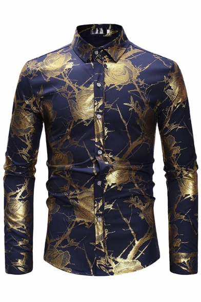 Mens Shirt Simple Gilded Rose Point Collar Button-down Slim Fitted Long Sleeve Shirt