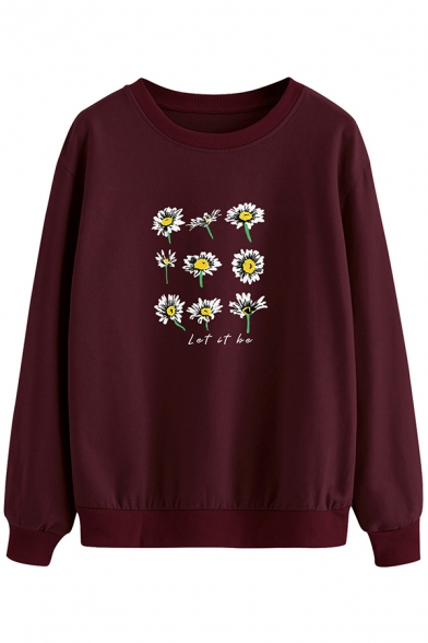 Novelty Womens Sweatshirt Daisy Letter Let It Be Pattern Round Neck Ribbed Trim Long Sleeve Loose Fit Pullover Sweatshirt