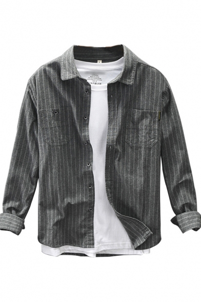 Retro Mens Shirt Pinstripe Pattern Purified Cotton Button down Long Sleeve Spread Collar Regular Fit Shirt
