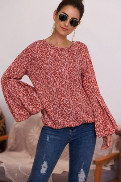 Romantic Girls Shirt Ditsy Floral Flare Cuff Sleeve Loose Fitted Round Neck Blouse