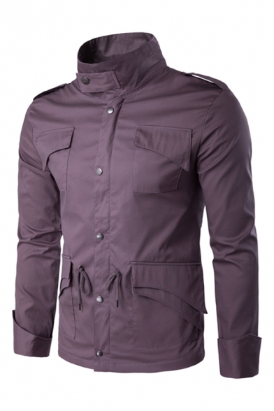 Stylish Solid Zip Button Casual Long Sleeve Drawstring Waist Blouson Jacket