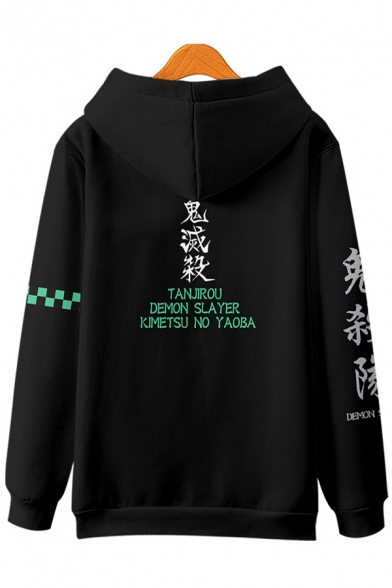Trendy Hoodie Fire Japanese Letter Printed Long Sleeves Loose Fit Hooded Sweatshirt for Men