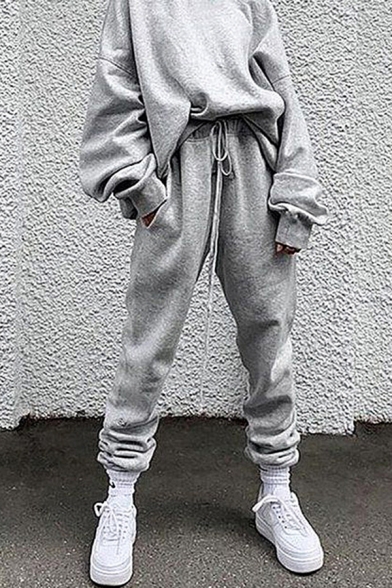 Trendy Women's Co-ords Solid Color Round Neck Long Sleeve Oversized Pullover Sweatshirt with Pants Set