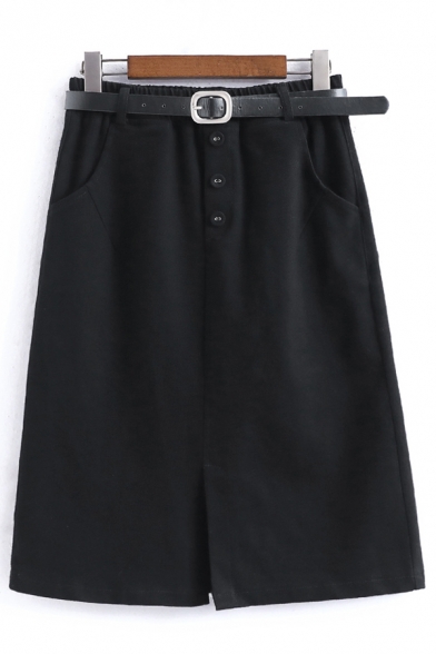 Unique Womens Skirt Plain Button Detail Partially Elastic Waist Split Hem High Rise Midi Bodycon Skirt with Belt