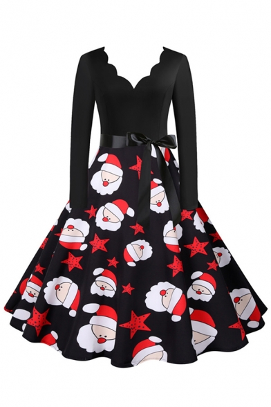 Vintage Womens Dress Santa Claus Snow Star Gift Tree Deer Stocking Pattern Tie Waist Scalloped V Neck Long Sleeve A-Line Slim Fit Midi Swing Dress