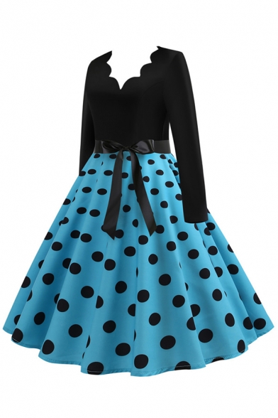 Womens Dress Fashionable Polka Dot Pattern Bow Tie Waist Long Sleeve Midi A-Line Slim Fitted Scalloped V Neck Swing Dress