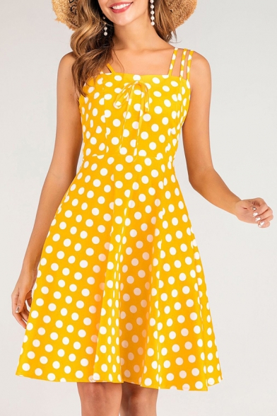 Womens Dress Fashionable Polka Dot Pattern Tie Detail Spaghetti Strap Midi A-Line Slim Fitted Sleeveless Swing Dress