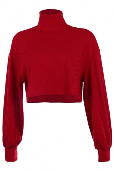 Womens Fashion Red Pile Collar Long Sleeve Loose Fit Knitwear Pullover Sweater Top