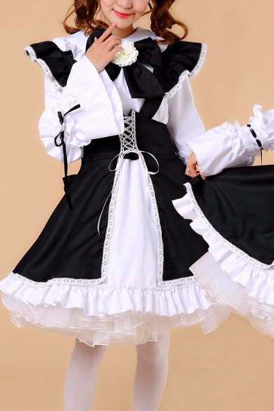 

Gothic Womens Dress Color Block Lace-up Embellished Ruffle Hem Long Sleeve Maid Dress, Black, LC706193