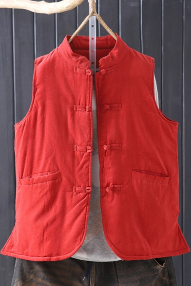 All-Match Women's Vest Solid Color Pockets Side Slits Stand Collar Button Closure Cotton Fluffs Vest