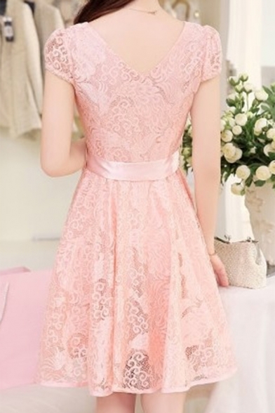 Chic Crochet Lace Crewneck Sleeveless Pink Layered Mini A-Line Dress