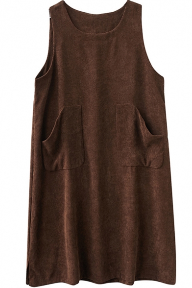 Fancy Women's Strap Dress Solid Color Corduroy Front Big Pockets Round Neck Sleeveless Oversized Strap Dress