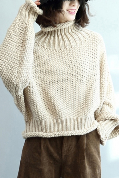 Fine-Knitted Sweater Solid Color Contrast Stitching Rolled Hem Mock Neck Long Batwing Sleeves Relaxed Fit Sweater for Women