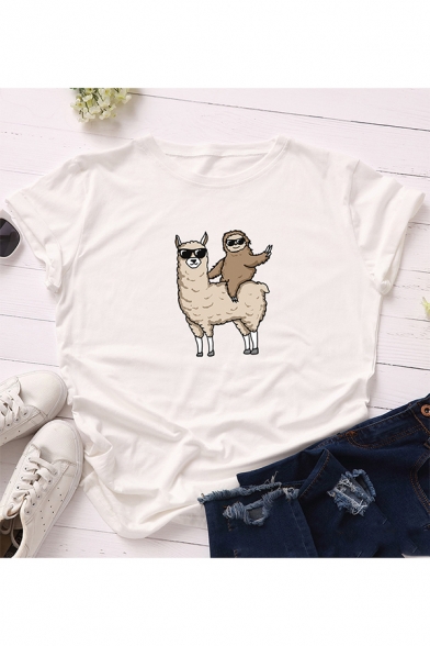 Funny Alpaca And Sloth Pattern Round Neck Short Sleeve T-Shirt