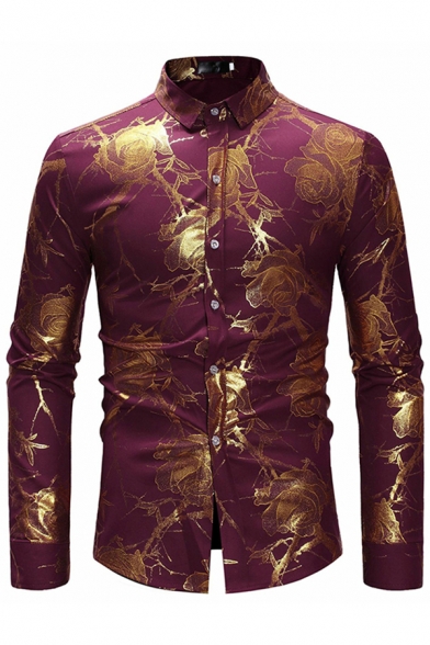 Mens Shirt Simple Gilded Rose Point Collar Button-down Slim Fitted Long Sleeve Shirt