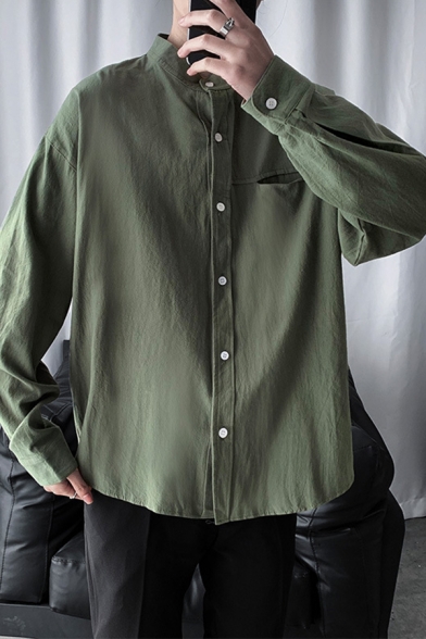 Hajotrawa Mens Plain Lapel Neck Curved Hem Pocket Contrast Color Button Down Shirts
