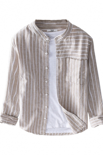 Mens Shirt Unique Stripe Pattern Cotton Linen Chest Pocket Button down Long Sleeve Stand Collar Regular Fit Shirt