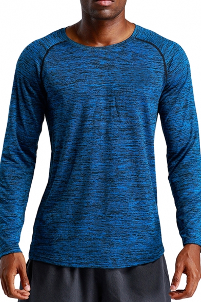 Mens T-Shirt Fashionable Space Dye Flatlock Seam Quick Dry Stretch Slim Fitted Long Sleeve Crew Neck Tee Top