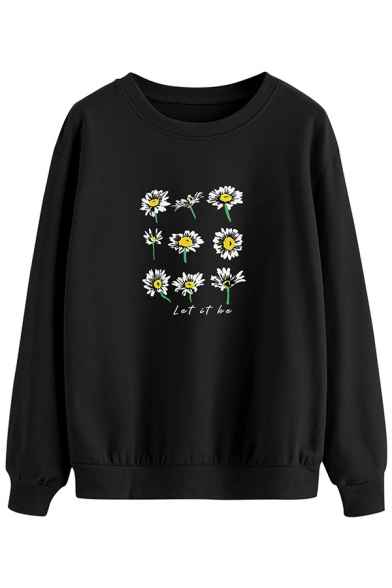 Novelty Womens Sweatshirt Daisy Letter Let It Be Pattern Round Neck Ribbed Trim Long Sleeve Loose Fit Pullover Sweatshirt