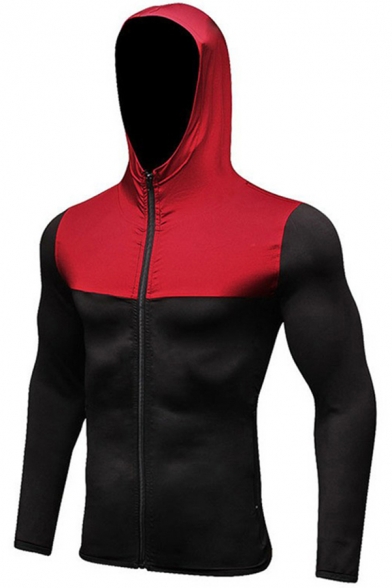 Retro Mens Jacket Contrast Panel Quick-Dry Hooded Long Sleeve Zipper down Slim Fit Sport Jacket
