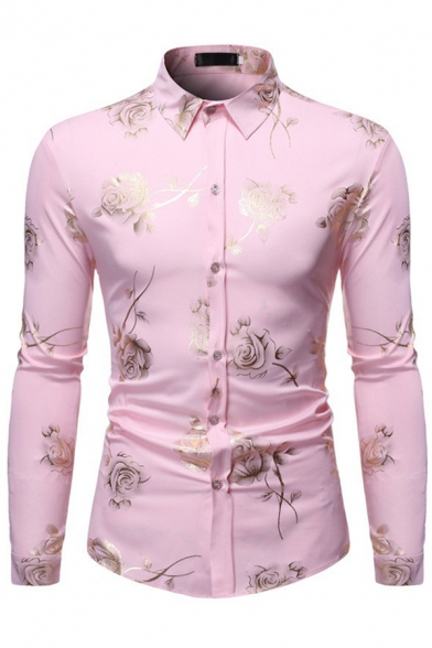 Retro Mens Shirt Rose Gilding Pattern Button-down Long Sleeve Point Collar Slim Fitted Shirt