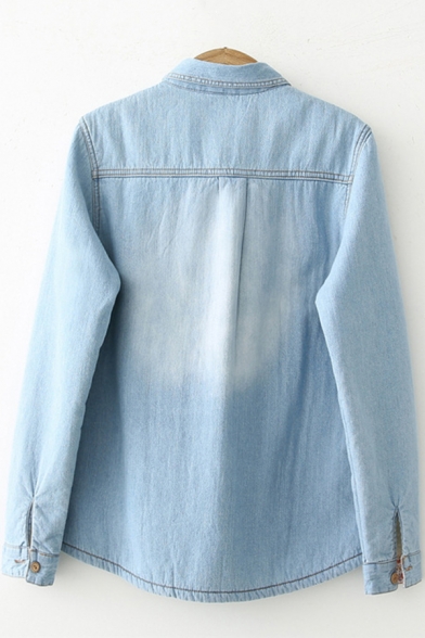 Unique Womens Shirt Faded Wash Thickened Flap Chest Pockets Button down Long Sleeve Spread Collar Loose Fit Denim Shirt