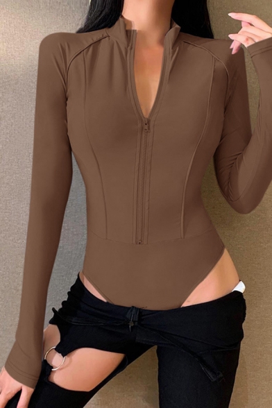 Womens Bodysuit Fashionable Plain Milk Silk Stand Collar Zipper Front Slim Fitted Long Sleeve Bodysuit