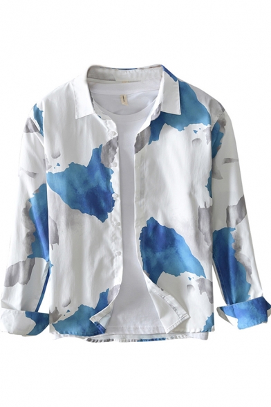 Basic Mens Shirt Abstract Splash Pattern Non-Ironing Button down Long Sleeve Spread Collar Regular Fit Shirt