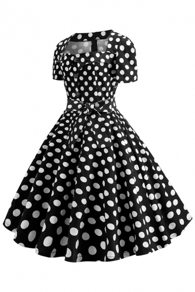 Basic Womens Dress Polka Dot Pattern Plain Button Detail Tie Waist Short Sleeve Midi A-Line Slim Fitted Square Neck Swing Dress