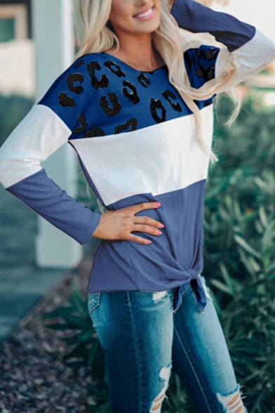 Casual Women's T-Shirt Leopard Animal Pattern Patchwork Knotted Tie Front Crew Neck Long-sleeved Tee Top