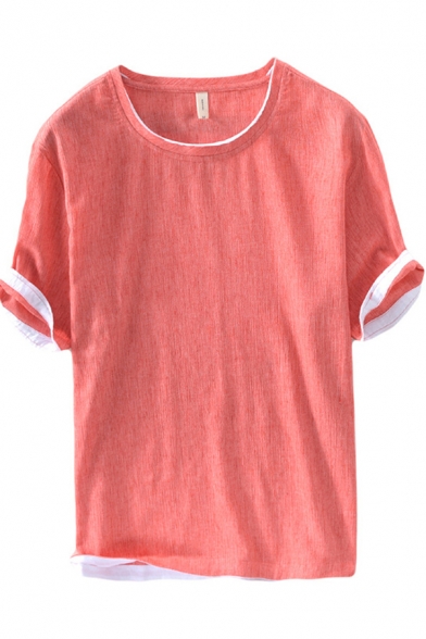 Classic Mens T Shirt Contrast Inside-Trim Panel Cotton Linen Regular Fit Half Sleeve Round Neck T-Shirt