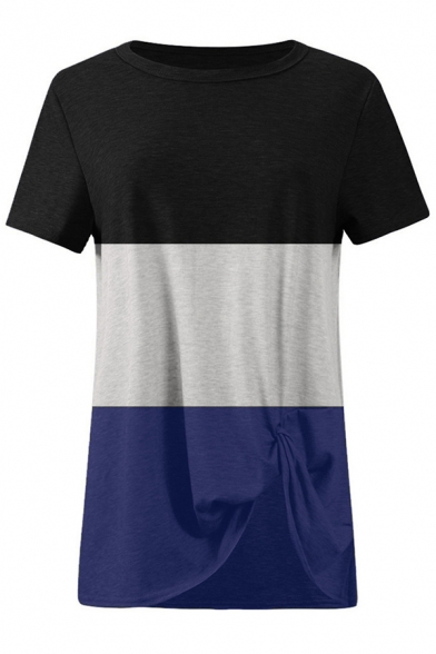 Comfortable Women's T-Shirt Twist Design Color Block Stripe Pattern Round Neck Regular Fit Tee Top