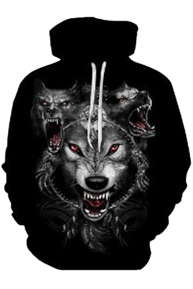 Fashion 3D Wolf Pattern Long Sleeve Sport Casual Pullover Drawstring Hoodie