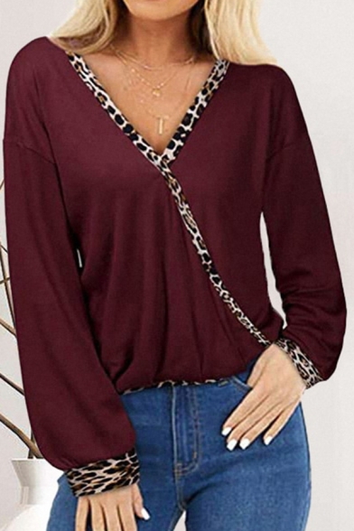 Fashion Women's T-Shirt Patchwork Leopard Print Long Bishop Sleeve V-Neck Regular Fit Tee Top