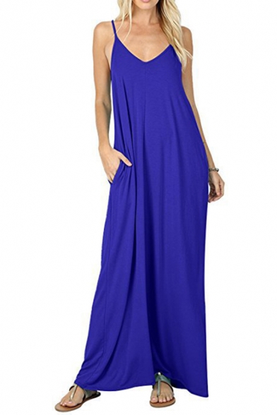 Leisure Women's Slip Dress Solid Color Side Pockets V Neck Maxi Slip Dress