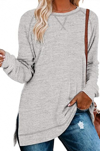 Leisure Women's T-Shirt Space Dye Pattern Side Slits Details Contrast Hem Round Neck Long Sleeves Tee Top