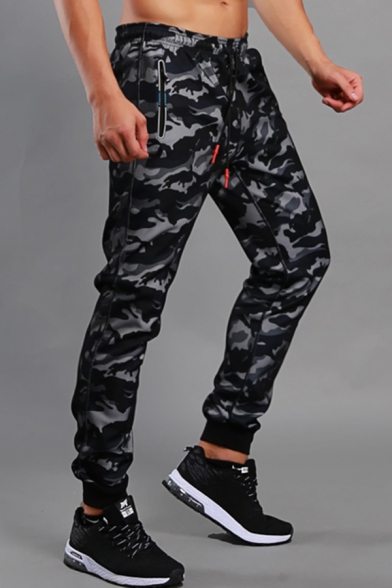 Mens Pants Simple Camouflage Zipper Pocket Cuffed Drawstring Waist Quick Dry Slim Fitted 7/8 Length Sport Pants