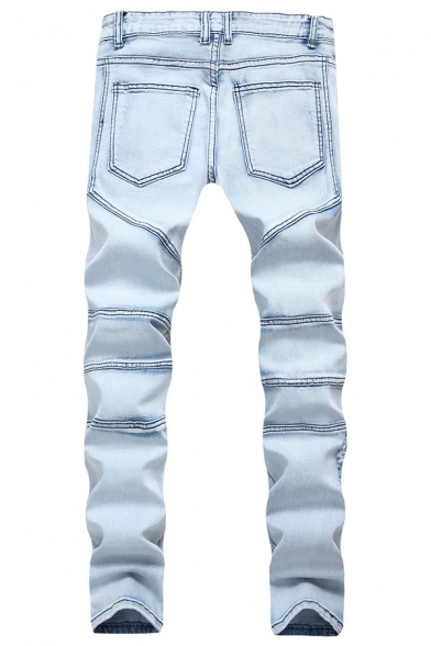 Mens Retro Solid Color Stretch Fitted Light Blue Ripped Jeans