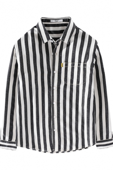 Mens Shirt Chic Vertical Stripe Print Chest Pocket Spread Collar Button Detail Regular Fit Long Sleeve Shirt