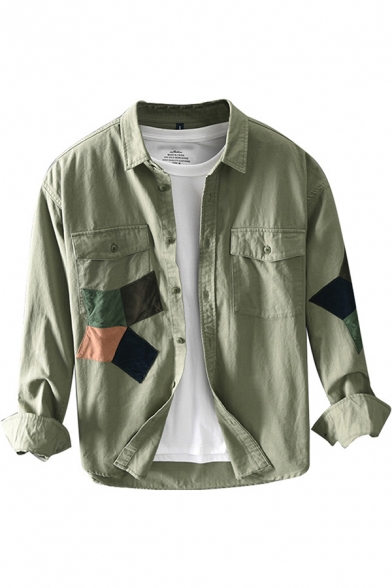 Mens Shirt Trendy Contrast-Panel Flap Chest Pockets Purified Cotton Turn-down Collar Button Detail Regular Fit Long Sleeve Cargo Shirt