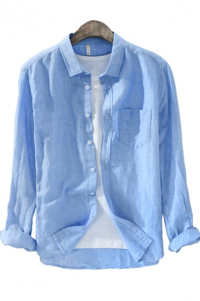 Mens Shirt Unique Plain Cotton Linen Chest Pocket Button down Long Sleeve Spread Collar Regular Fit Shirt