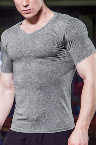 Mens T-Shirt Chic Plain Quick-Dry Stretch Skinny Fitted V Neck Short Sleeve T-Shirt
